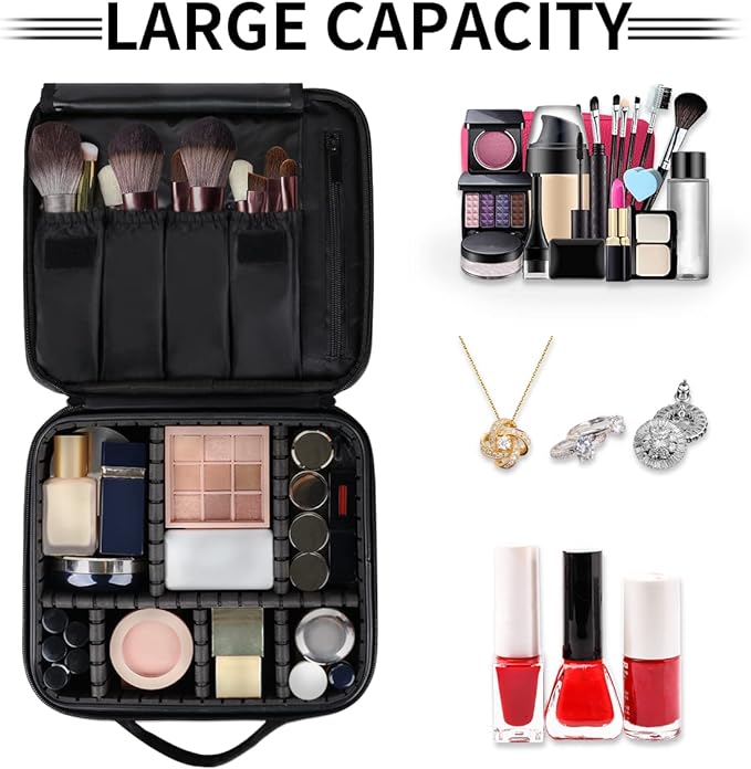 Travel Makeup Train Case Makeup Cosmetic Case Organizer with Adjustable Dividers (Black Marble)