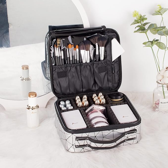 Travel Makeup Train Case Makeup Cosmetic Case Organizer with Adjustable Dividers (Silver)