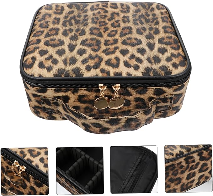 Travel Makeup Train Case Makeup Cosmetic Case Organizer with Adjustable Dividers (Leopard)