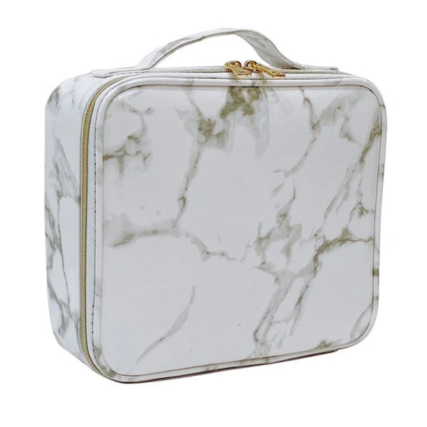 Travel Makeup Train Case Makeup Cosmetic Case Organizer with Adjustable Dividers (White Marble)